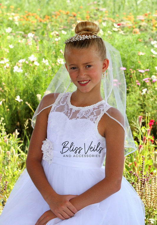 Bright white First Communion veil with pearl trim and crystal pearl tiara, perfect Catholic ceremony accessory for girls