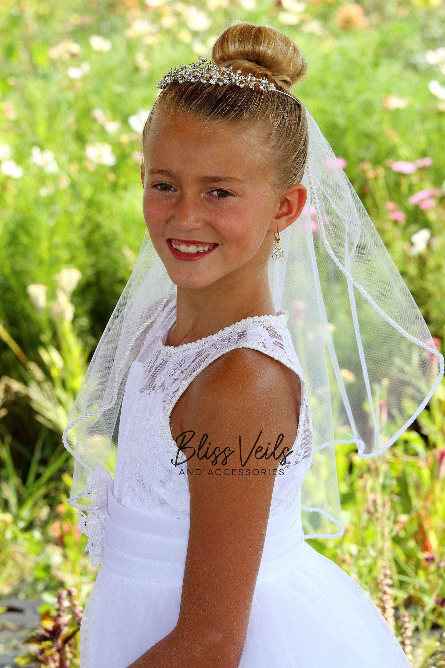 Pearl Trim First Communion Veil with Crystal Tiara
