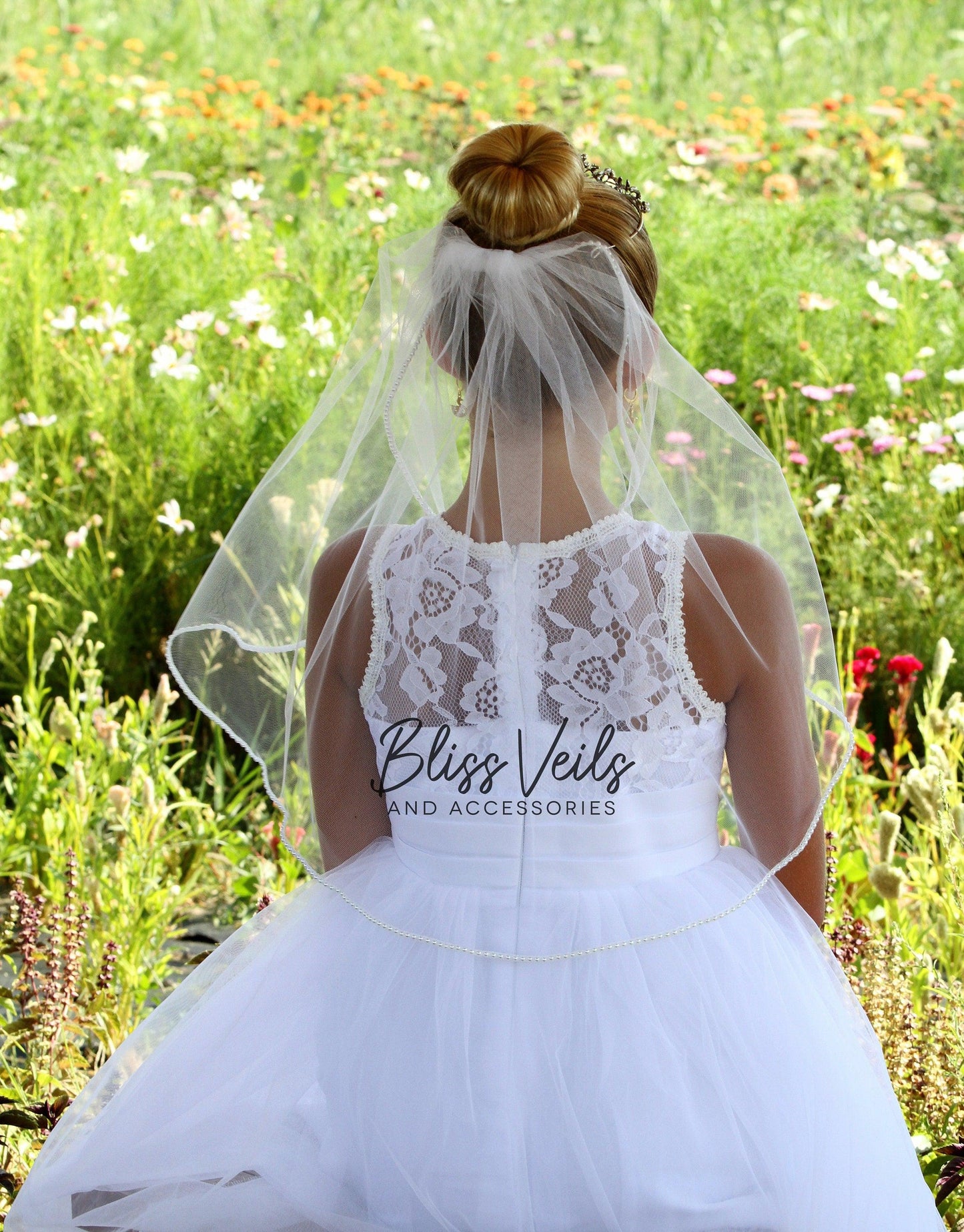 Pearl Trim First Communion Veil with Crystal Tiara