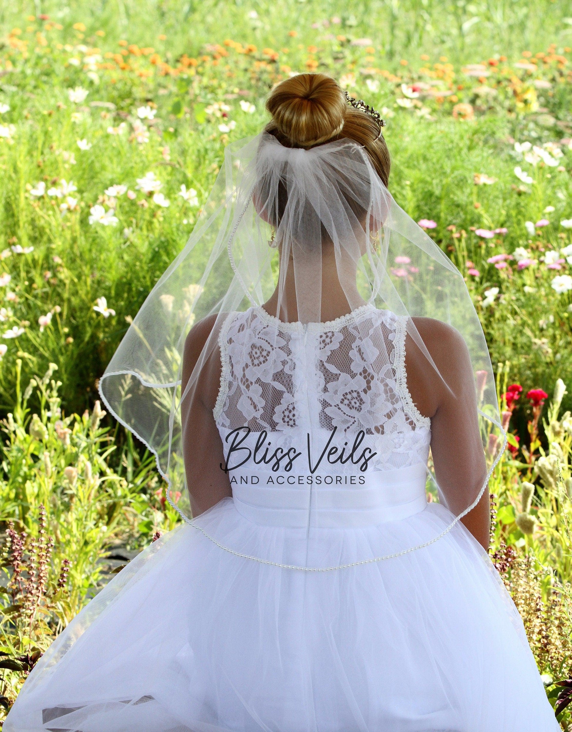 Pearl Trim First Communion Veil with Crystal Tiara