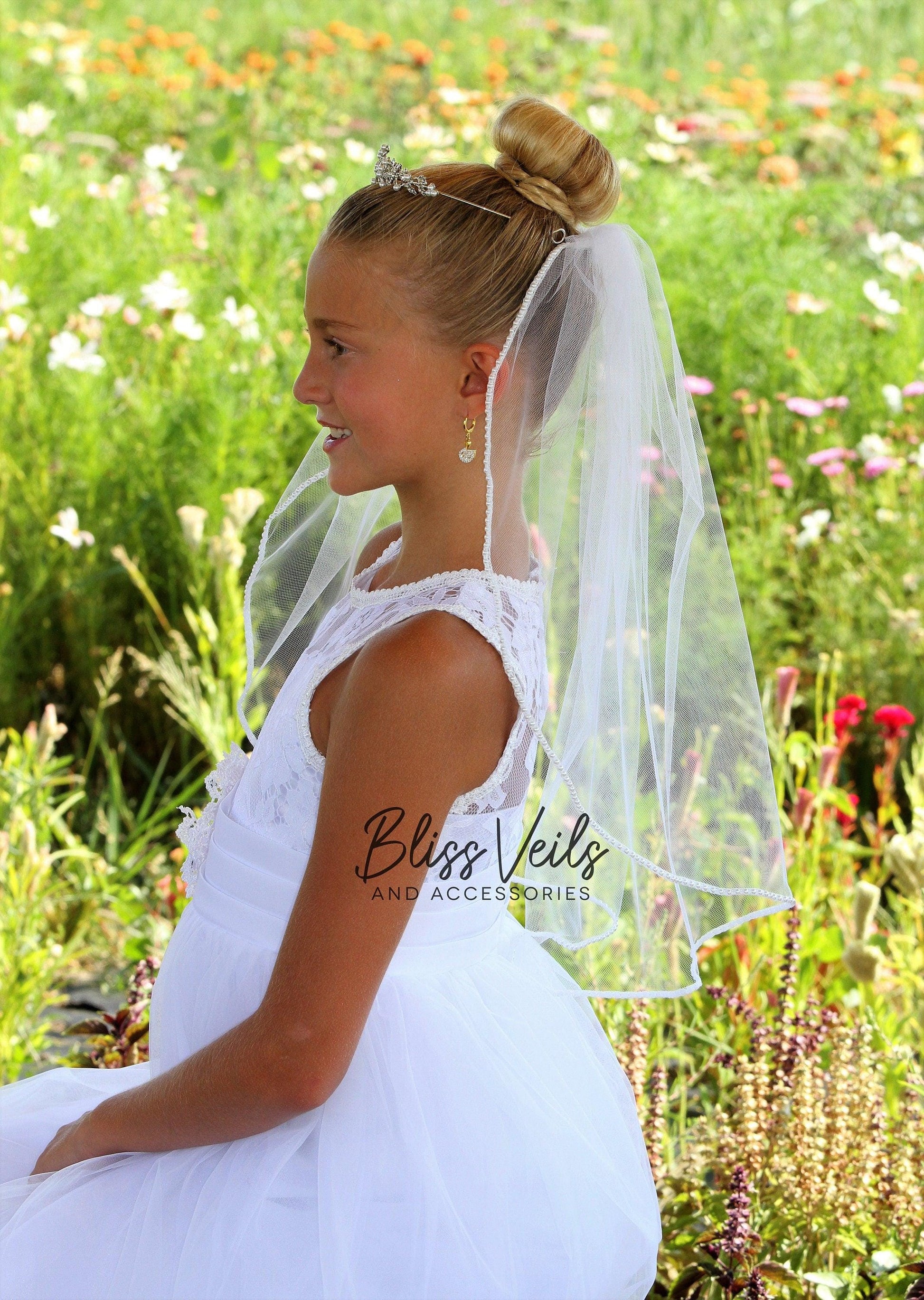 Pearl Trim First Communion Veil with Crystal Tiara