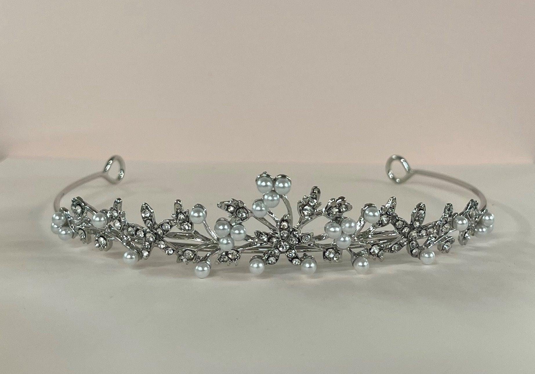 Pearl Trim First Communion Veil with Crystal Tiara