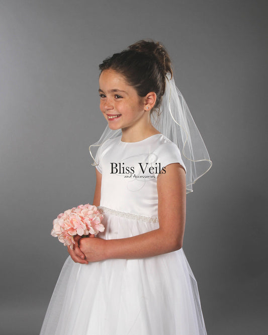Satin trim Communion veil in white with a simple traditional design