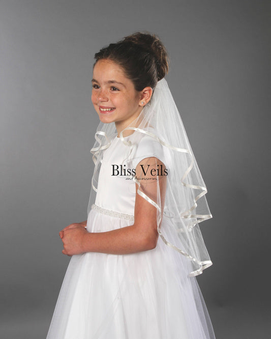 Ribbon edge First Communion veil in white with a simple traditional design