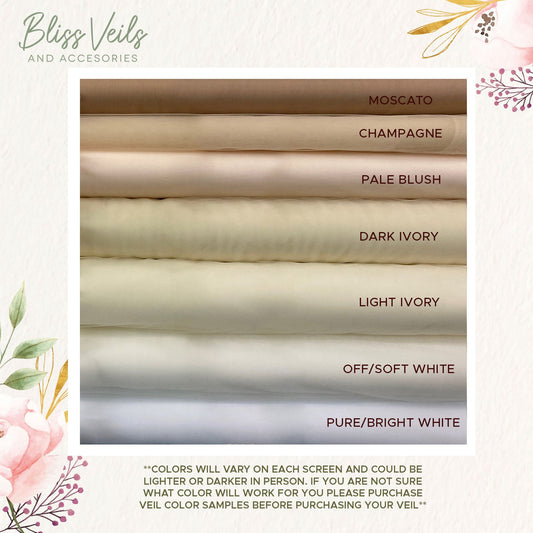 Veil color swatches showing white ivory blush champagne and moscato tulle samples for wedding and communion veils